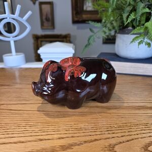 Vintage Evangeline Pottery Piggy Bank - Red & Black Drip Glaze - Canada 6"